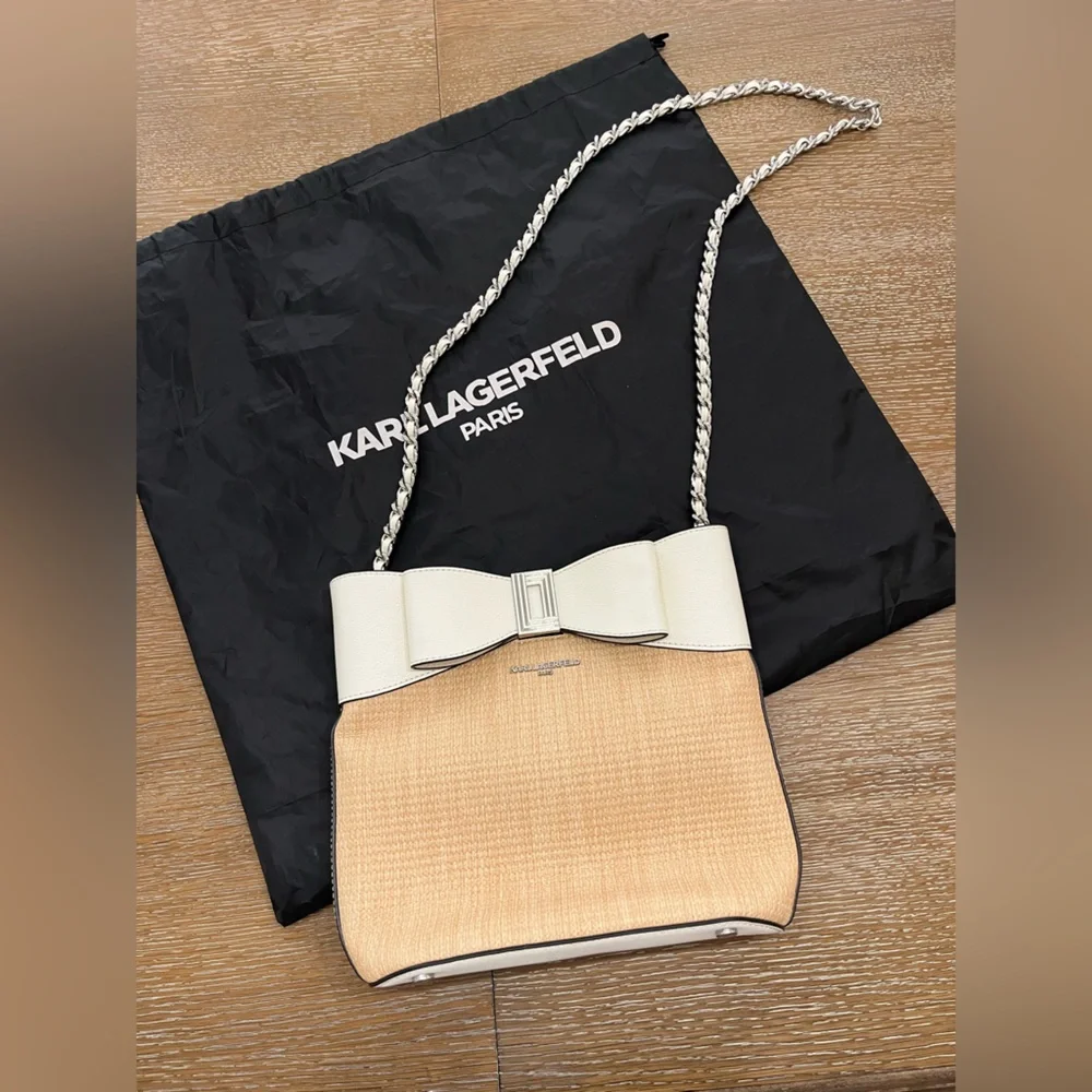 Karl Lagerfeld Cream & Natural Raffia Bow-Trim Shoulder Bag